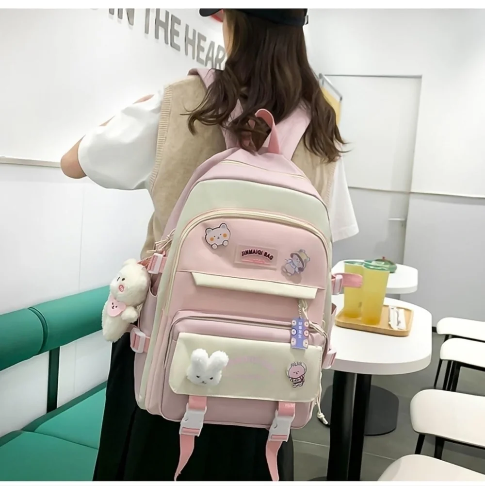 Pink and Cream Kids Backpack Set 5 piece kawaii school backpack cute women's bag